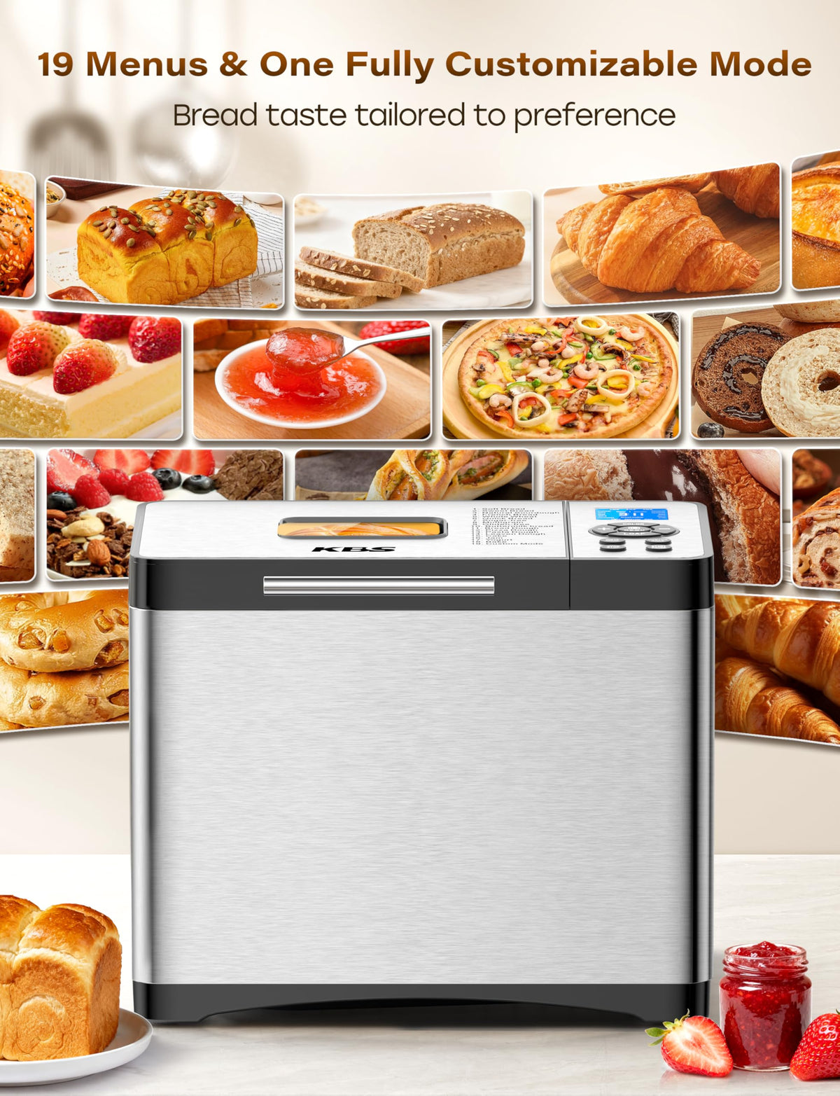KBS 19-in-1 bread maker digital display emphasizes easy program selection and monitoring.