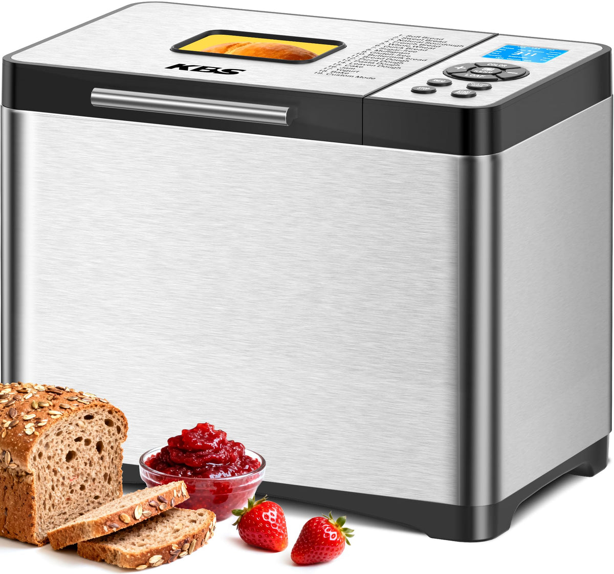 KBS 19-in-1 bread maker front view highlighting compact stainless steel design for home bakers.