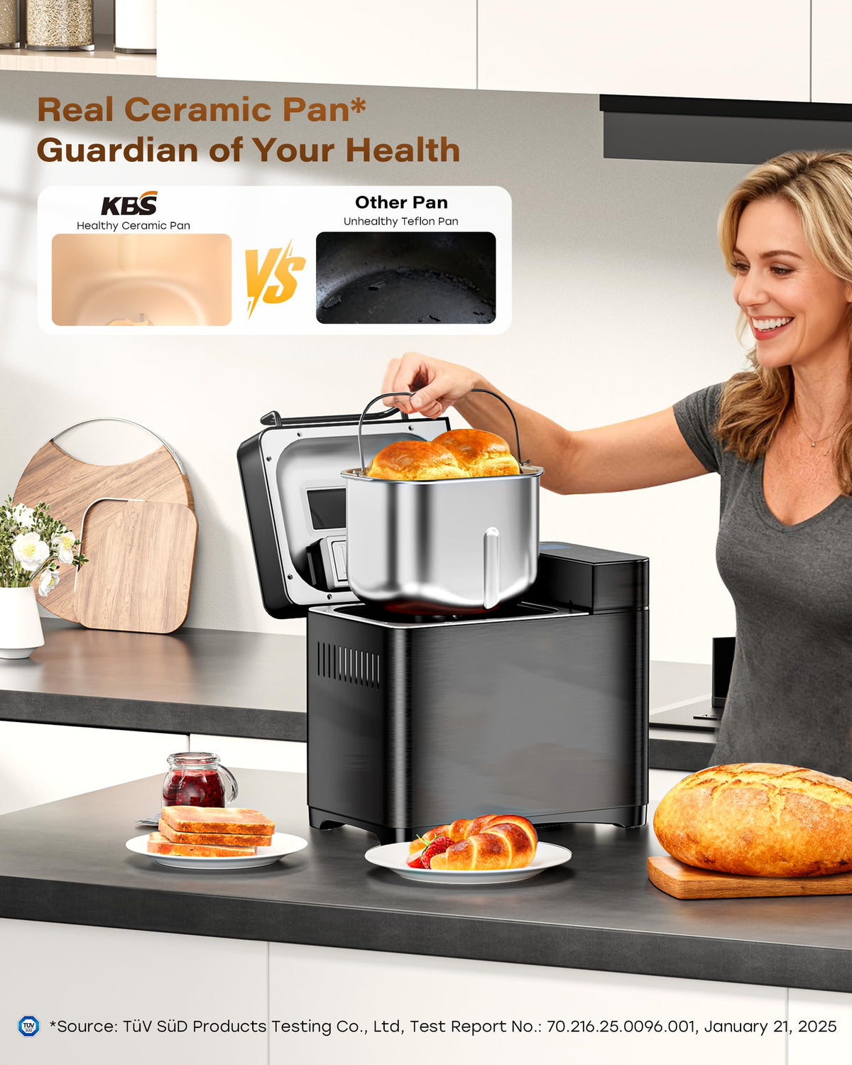 KBS Premium bread maker ceramic pan close-up with non-stick PTFE-free surface for clean loaves.
