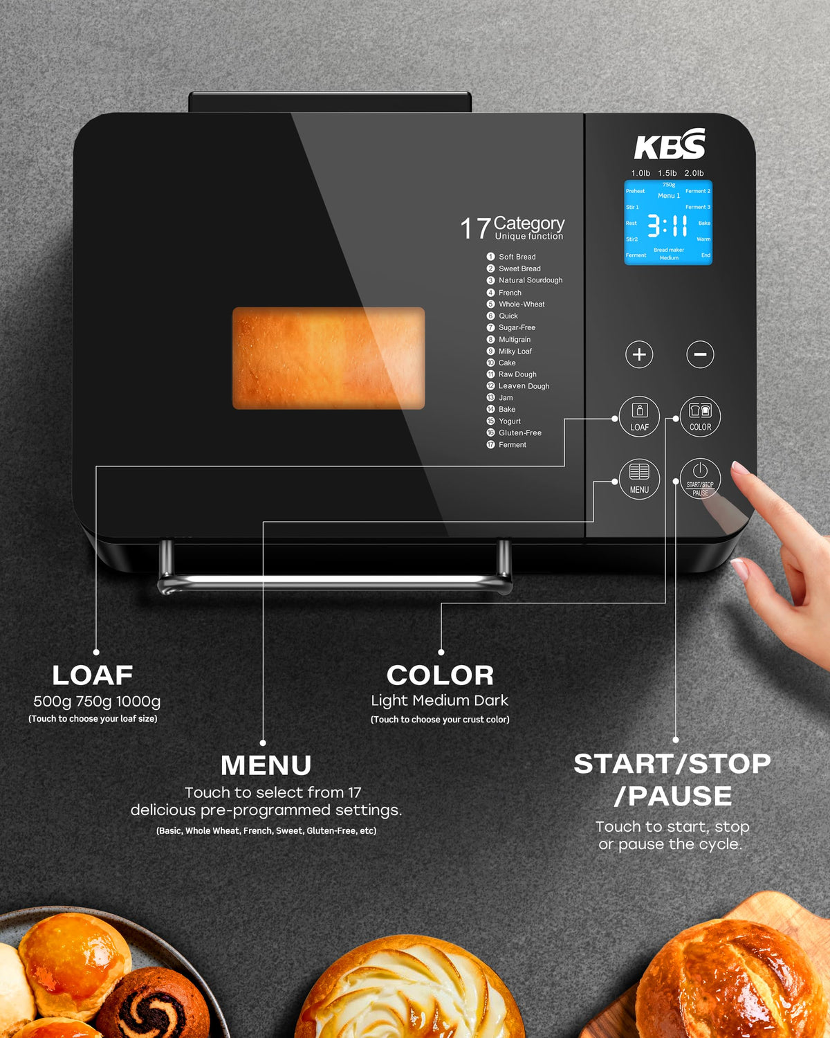 KBS Premium bread maker top panel showing easy touch controls for quick setup.