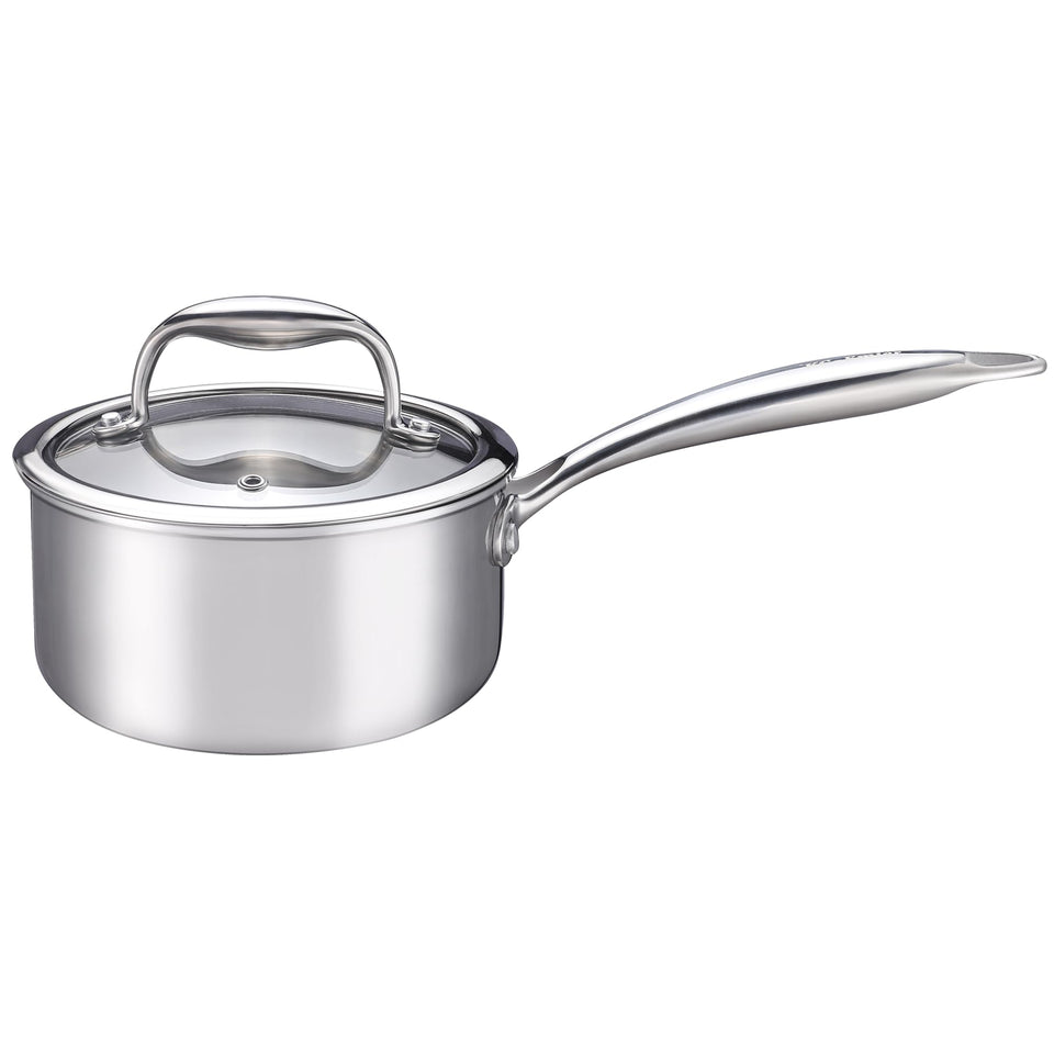 KC-Emier 1-quart saucepan with lid showing compact size for quick heating
