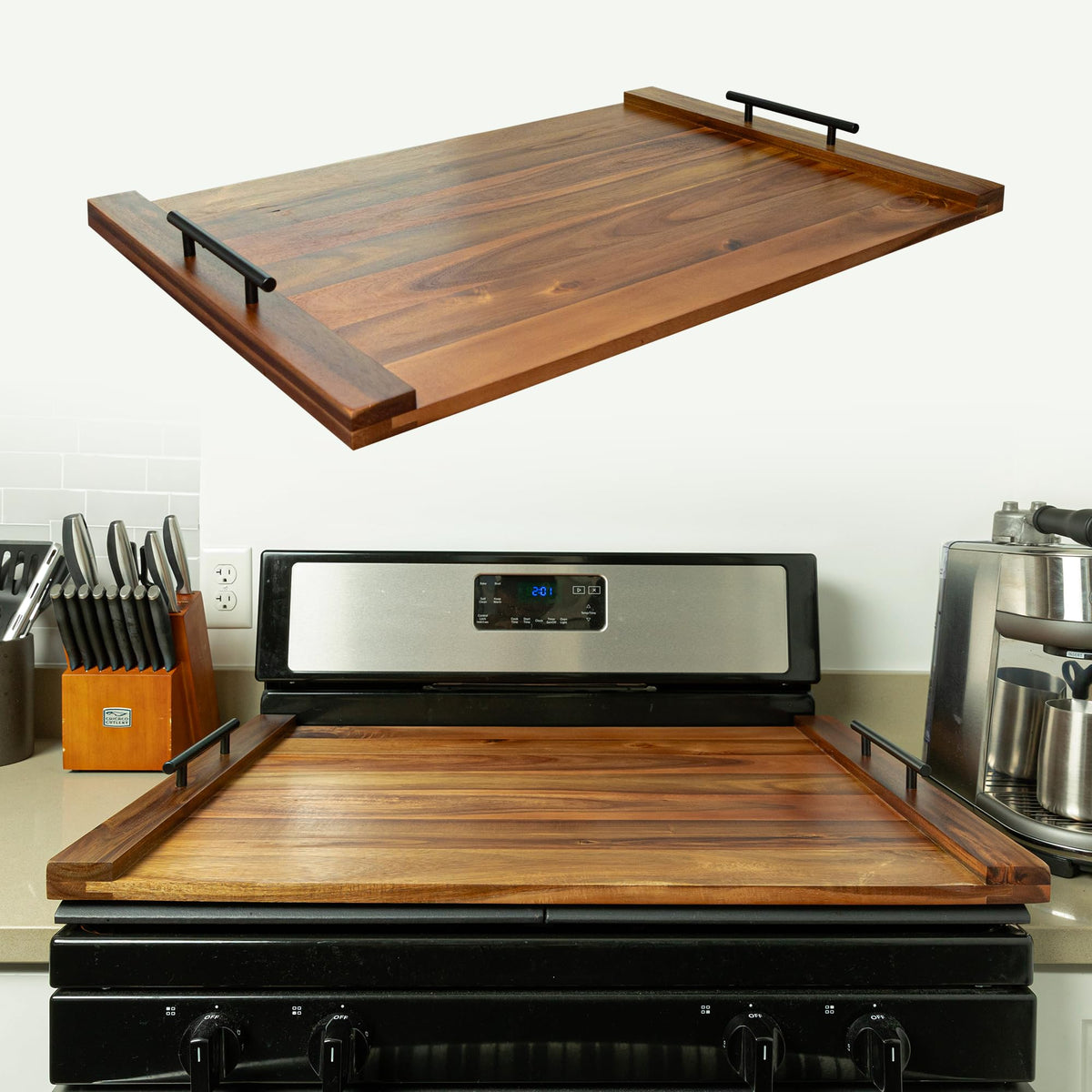 KCBCee Acacia stovetop cover protects your stove and adds extra counter space.
