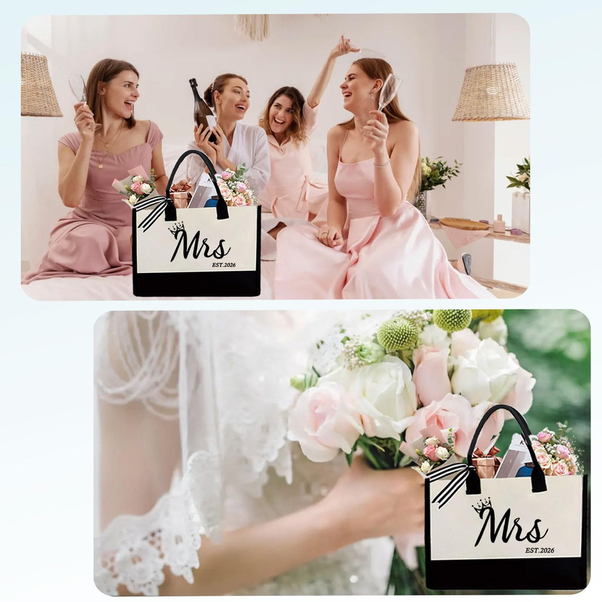 KDBDSYZB Mrs 2026 Bride Tote Bag back view with classic design