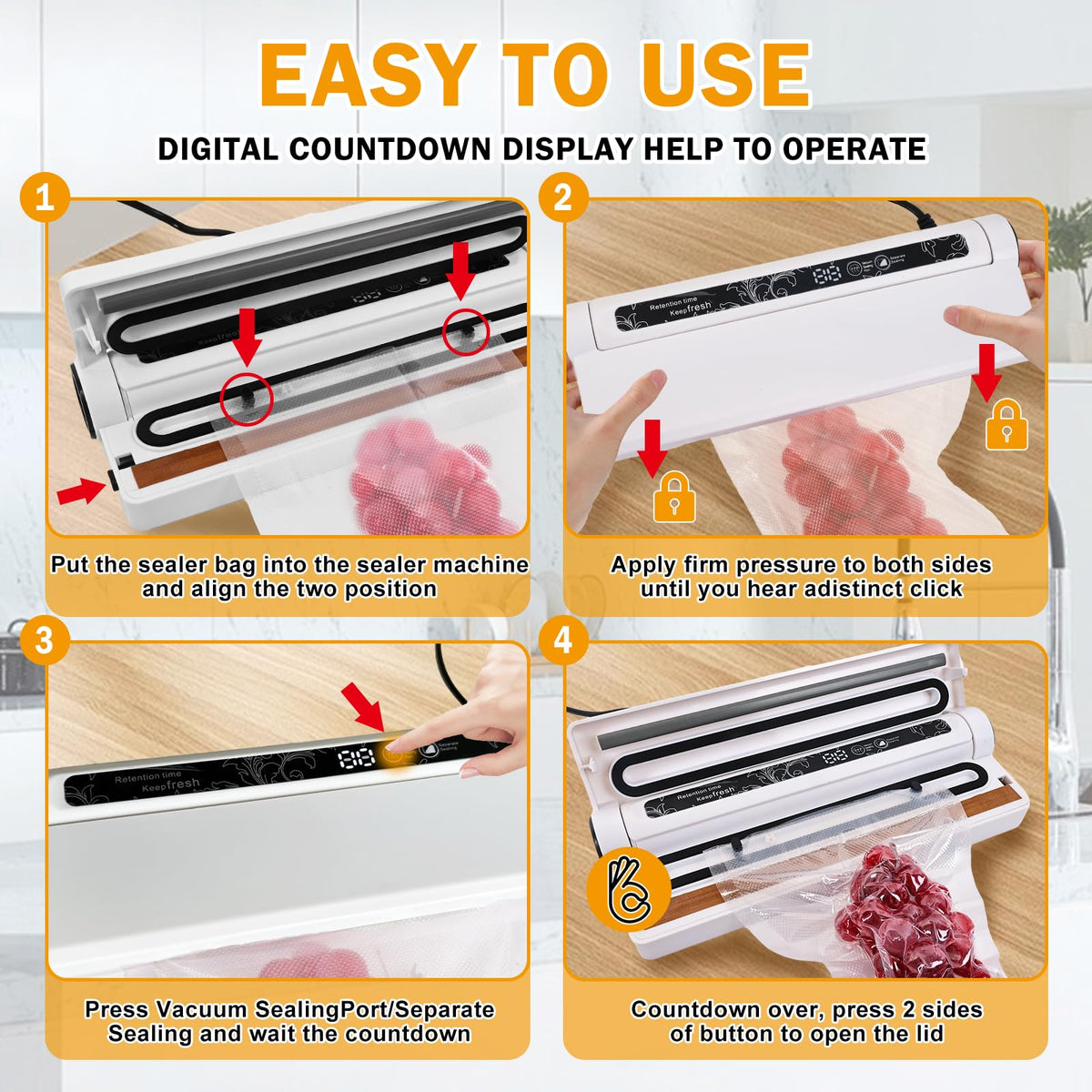 Digital countdown timer on Ke Moxiey vacuum sealer showing one-touch operation