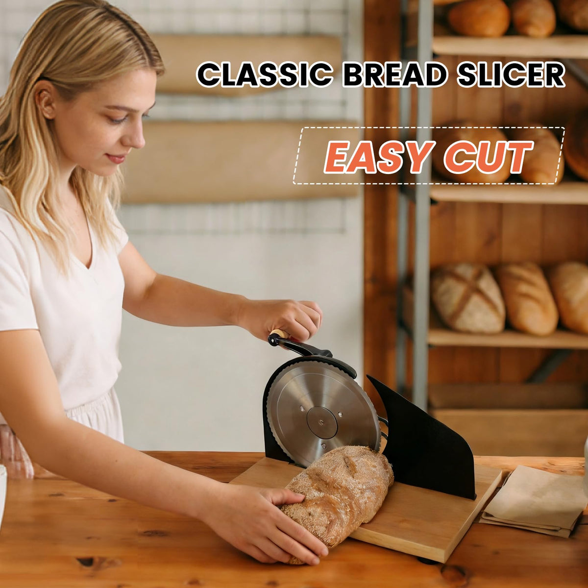 Keabys bread slicer with retro wood handle, a gift-ready design.