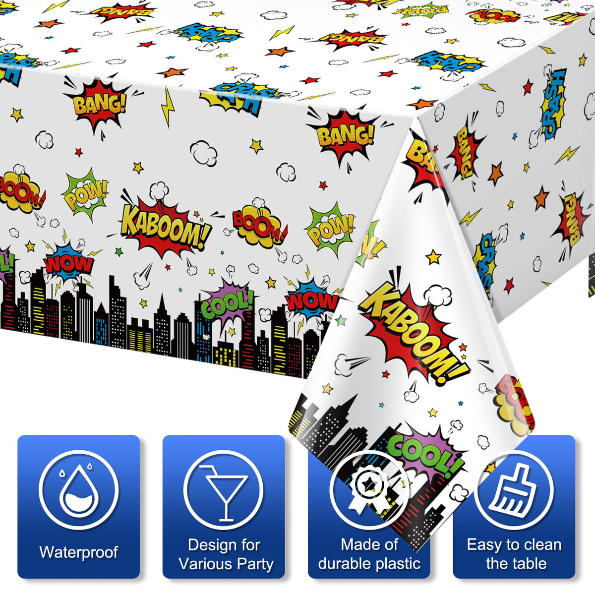 KEASKELL hero tablecloth with Bang-Crash-Wow motif adds excitement to celebrations