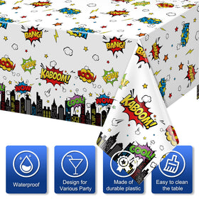 KEASKELL hero tablecloth with Bang-Crash-Wow motif adds excitement to celebrations