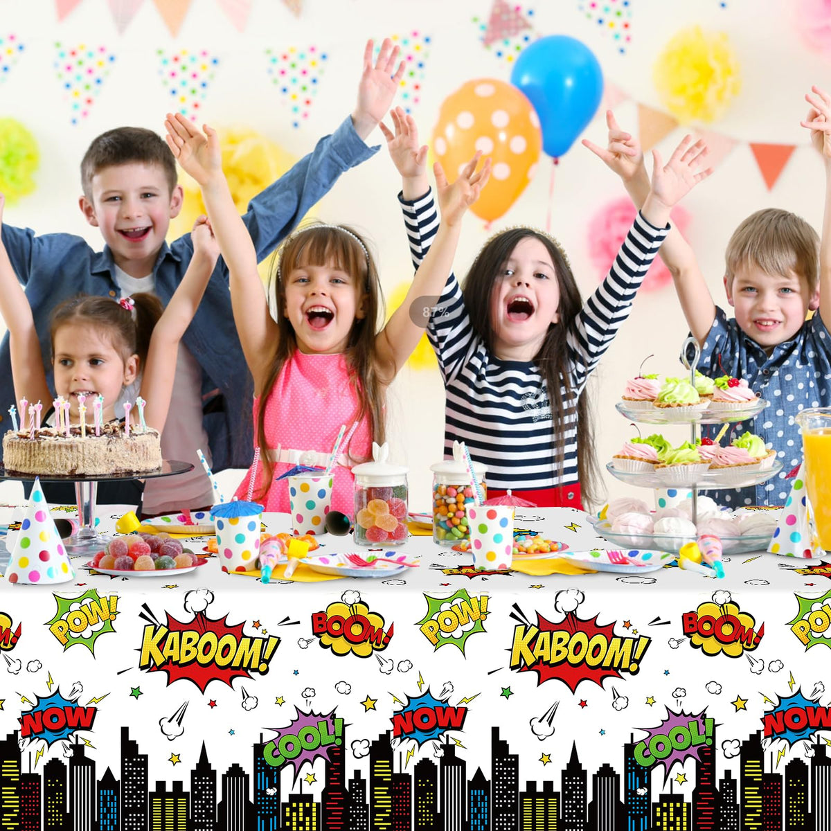 KEASKELL hero tablecloth on white background brightens any party setup