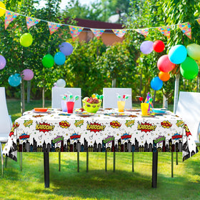 KEASKELL hero tablecloth in yellow, blue, red colors enhances superhero-themed parties