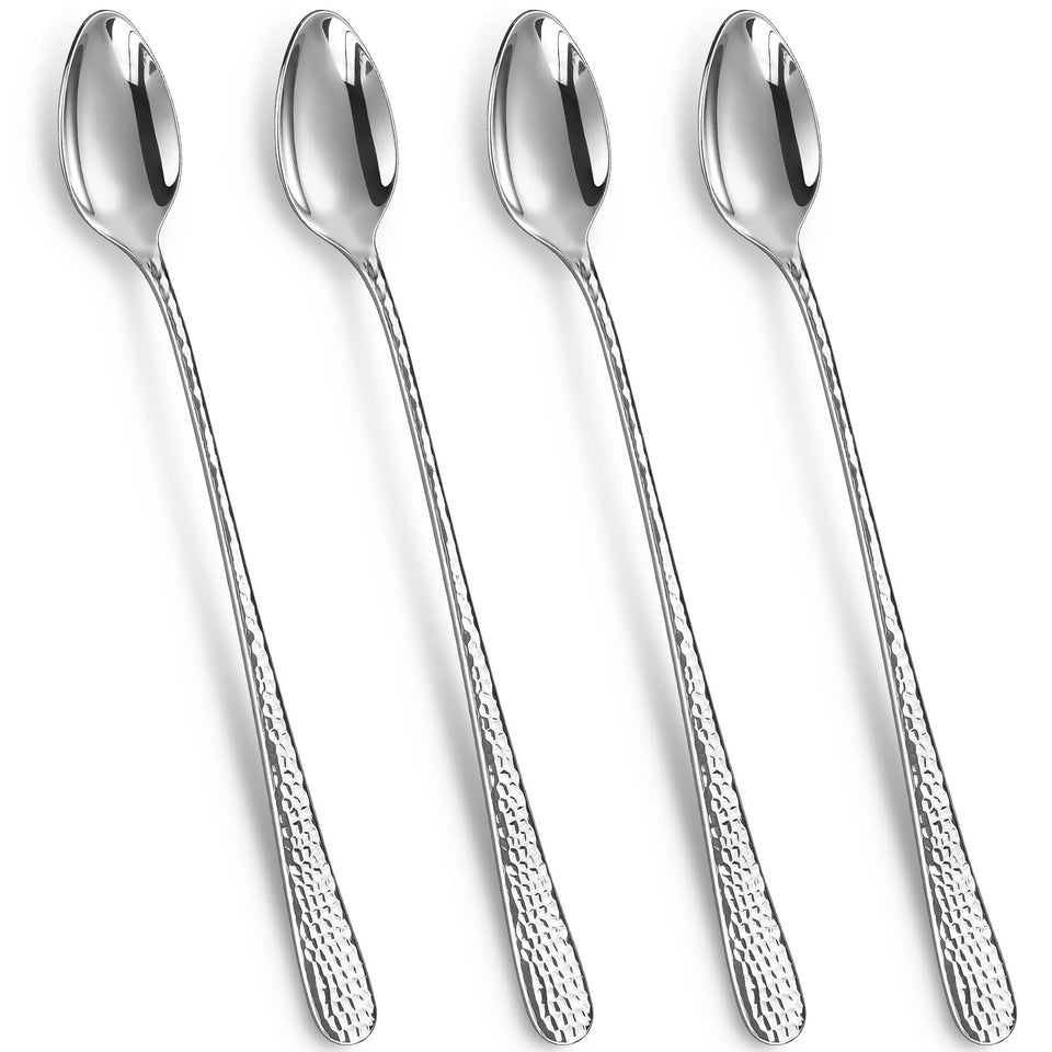 KEAWELL Louise hammered long-handle spoons closeup, ergonomic grip for iced tea.
