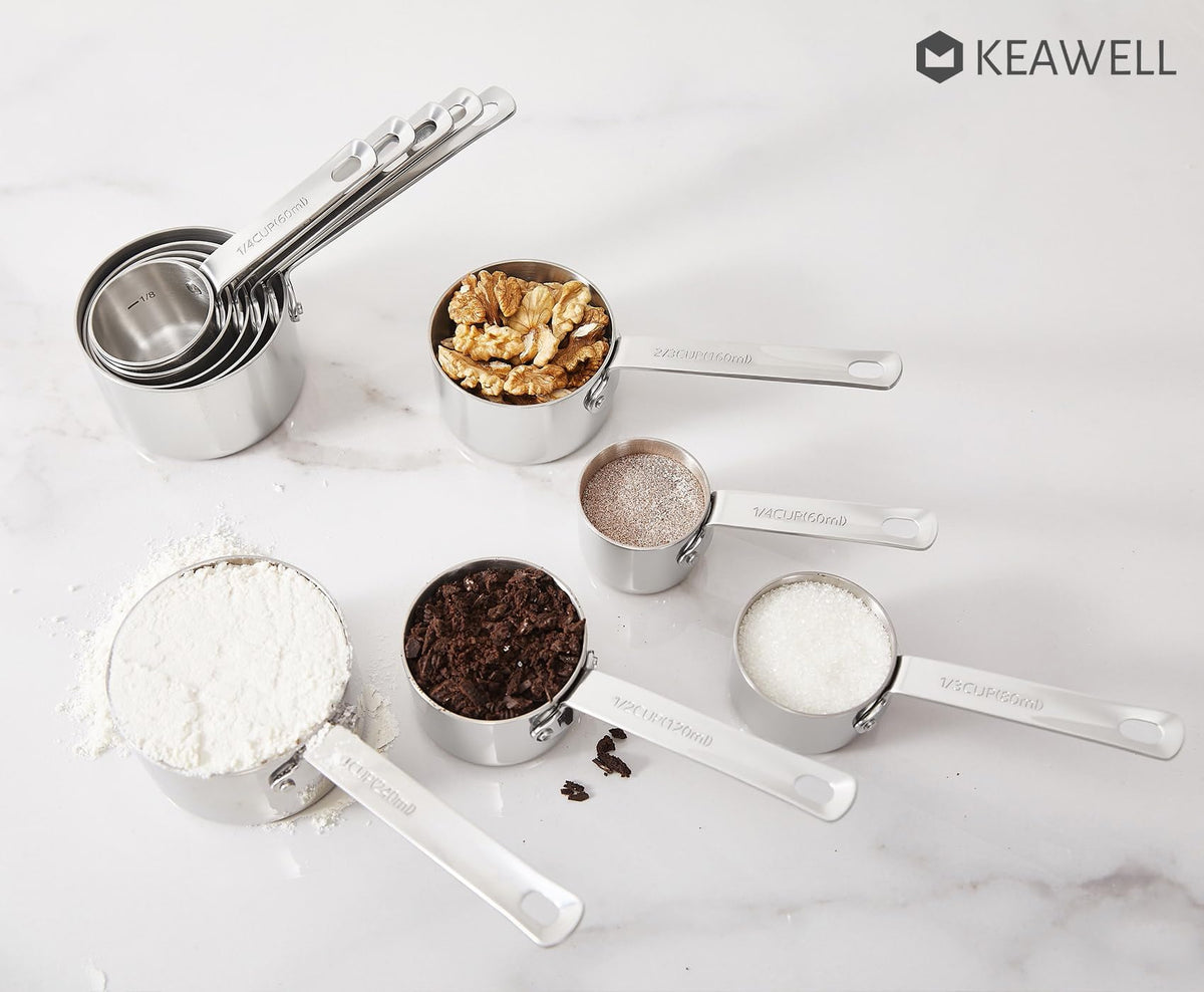 KEAWELL 1 cup measuring cup in polished stainless steel for full cup accuracy.