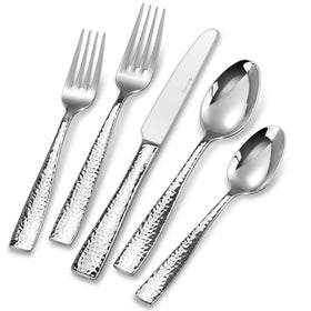 Keawell Louis hammered silverware 20-piece overall set on a polished table for elegant dining