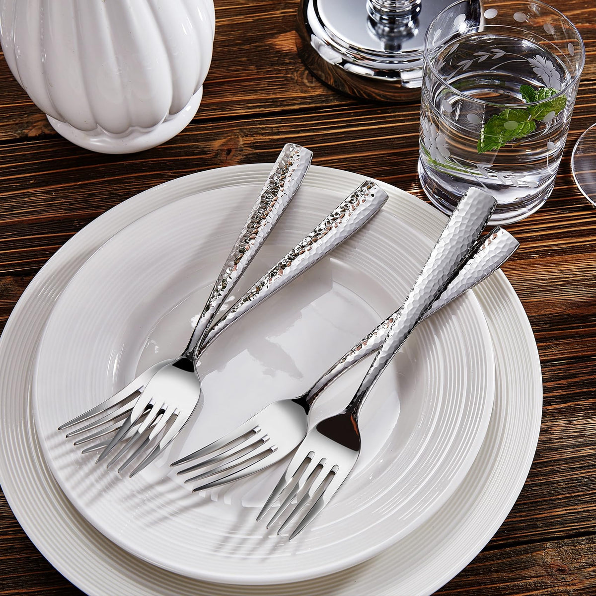 Keawell Louis hammered silverware 45-piece hostess serving set arranged for a dinner party
