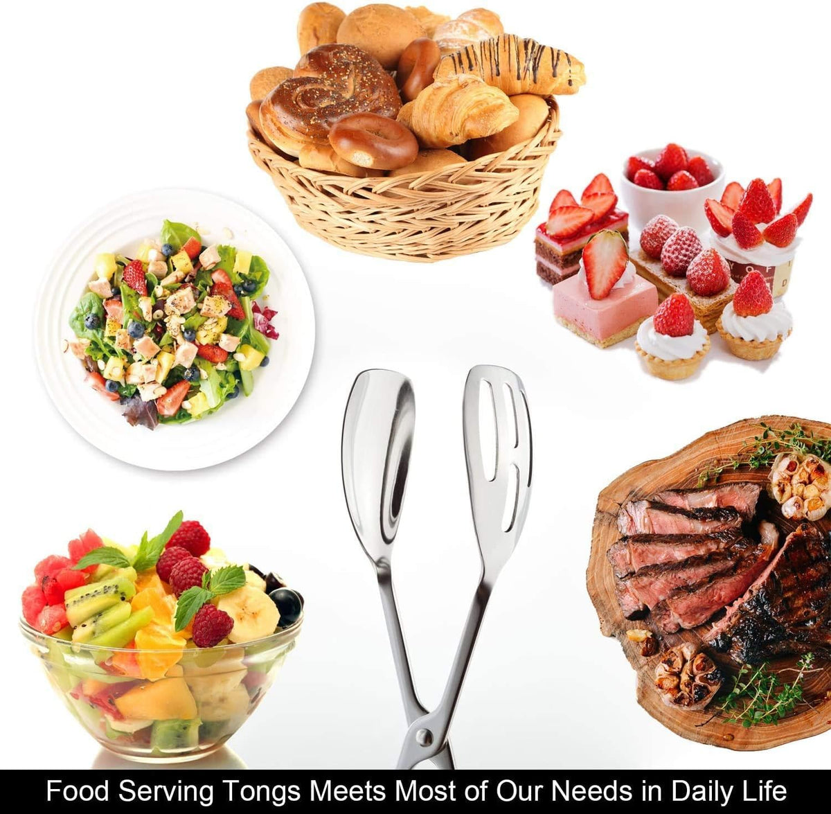 KEBE 2-Pack serving tongs handling steak, sturdy metal for precise, mess-free serving.