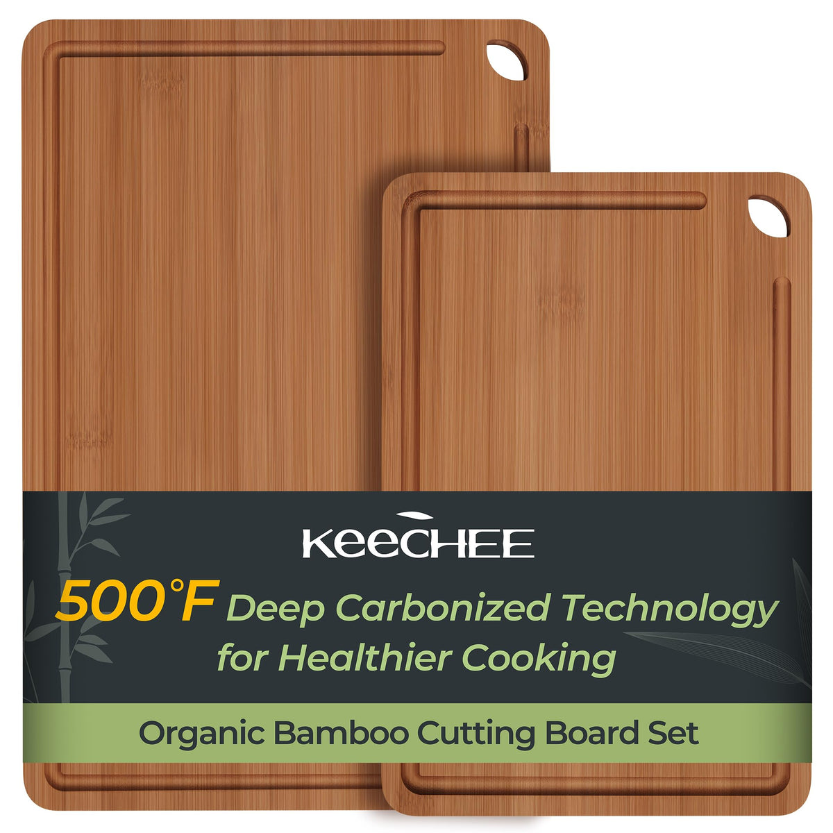 Keechee 15x10 bamboo board with carbonized finish and built-in handles for easy transfer.