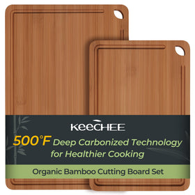 Keechee 15x10 bamboo board with carbonized finish and built-in handles for easy transfer.