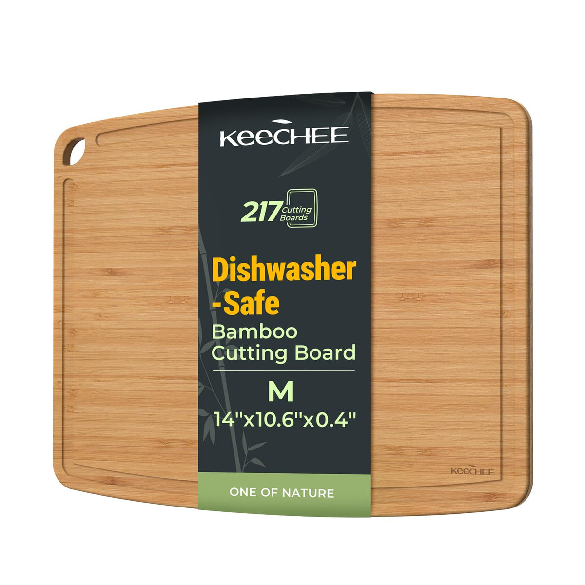 Keechee bamboo cutting board, dishwasher-safe, easy cleanup after prep.