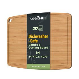 Keechee bamboo cutting board, dishwasher-safe, easy cleanup after prep.