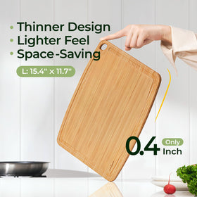 Keechee bamboo board with juice groove keeps counters cleaner.