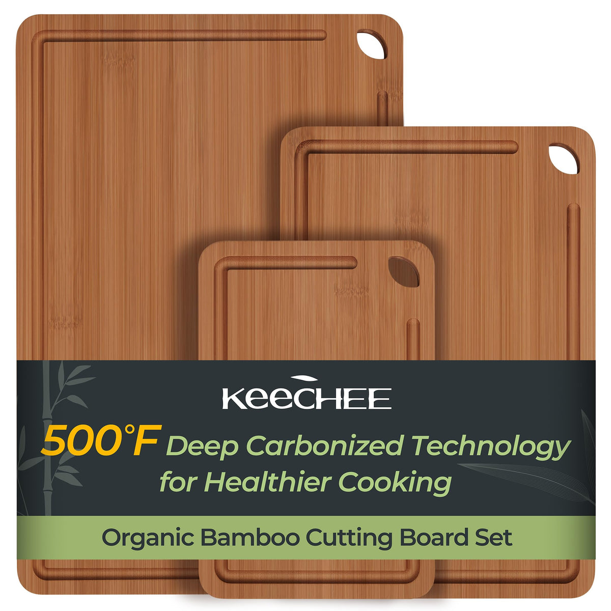 Keechee large bamboo cutting board with deep juice groove for meat prep and serving.