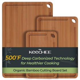 Keechee large bamboo cutting board with deep juice groove for meat prep and serving.