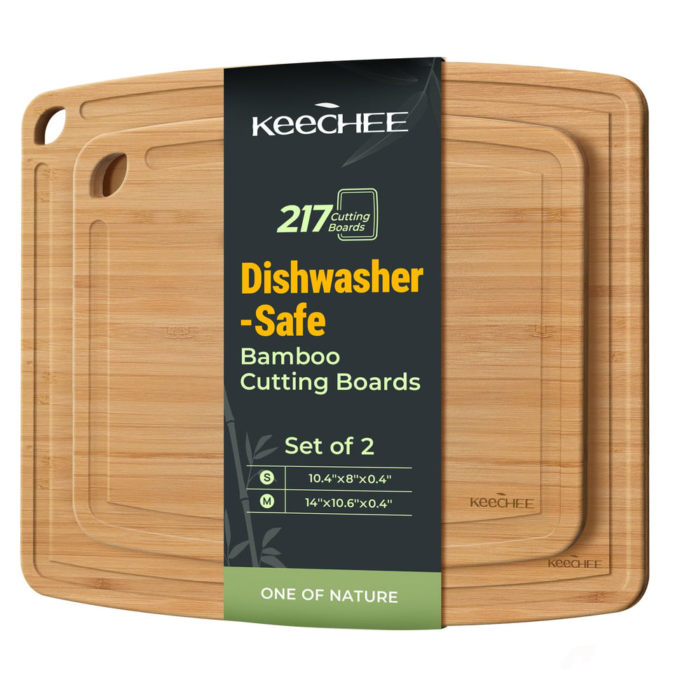 Keechee bamboo cutting board set, front view, ideal for everyday prep.