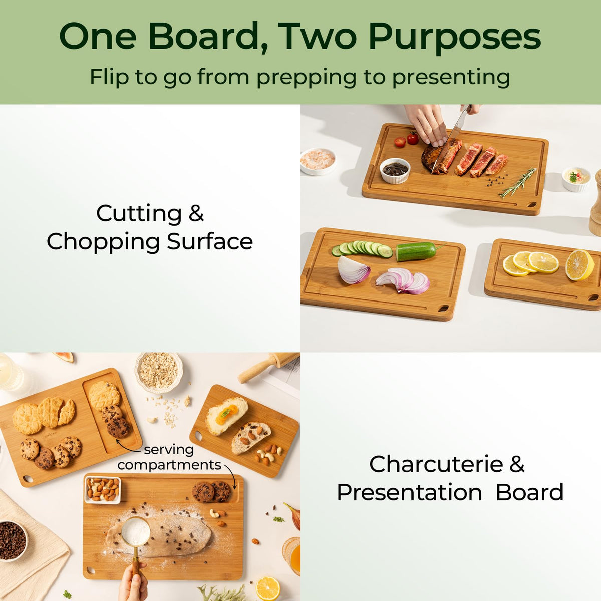 Keechee small bamboo cutting board with juice groove for bread and cheese prep.