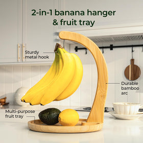 Keechee banana hanger with base tray provides convenient space for small fruits