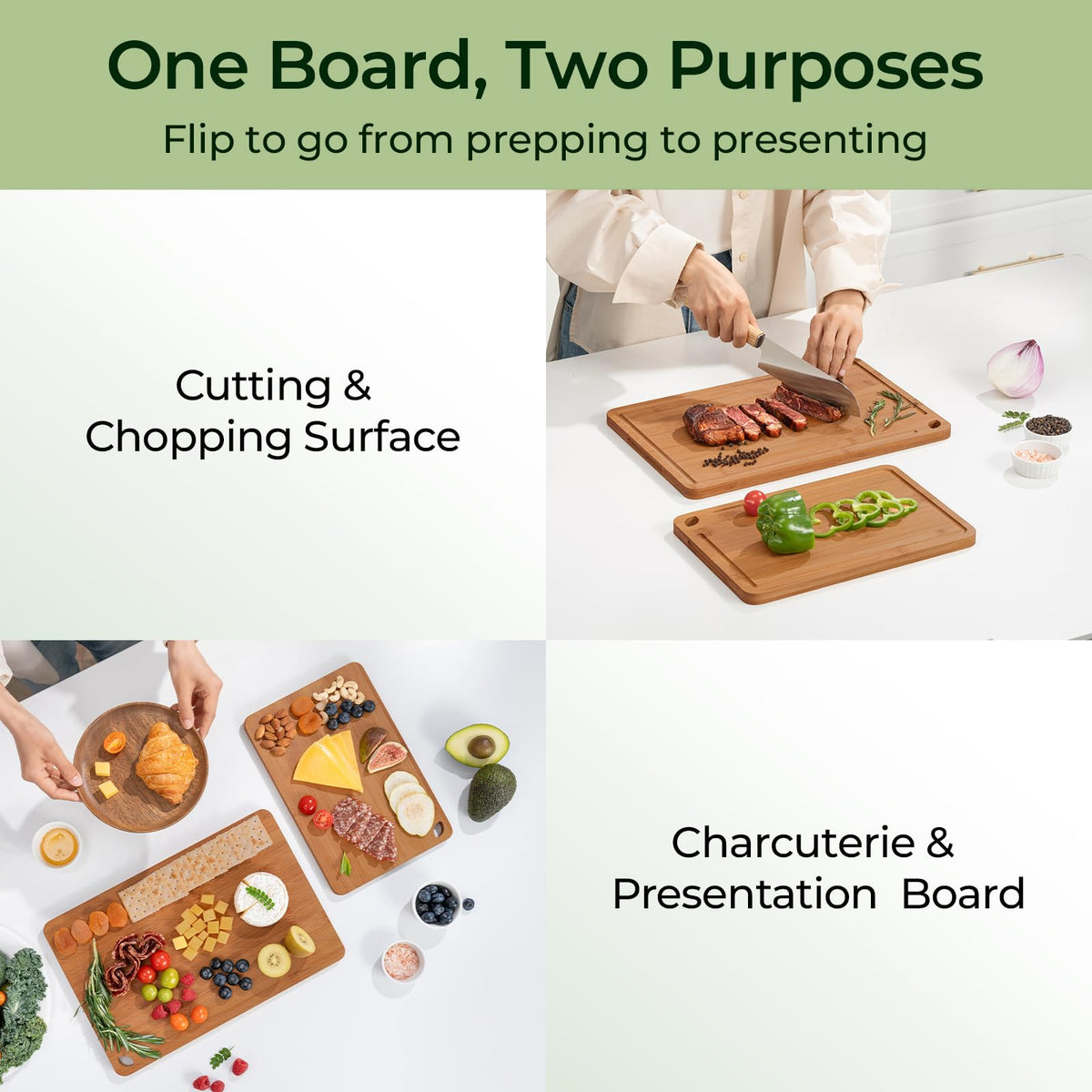 Keechee carbonized bamboo cutting boards delivering durability and low moisture absorption.