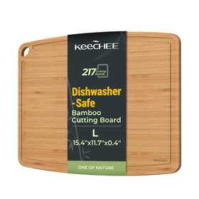 Keechee dishwasher-safe bamboo cutting board, 15.4x11.7 in, easy prep and cleanup.