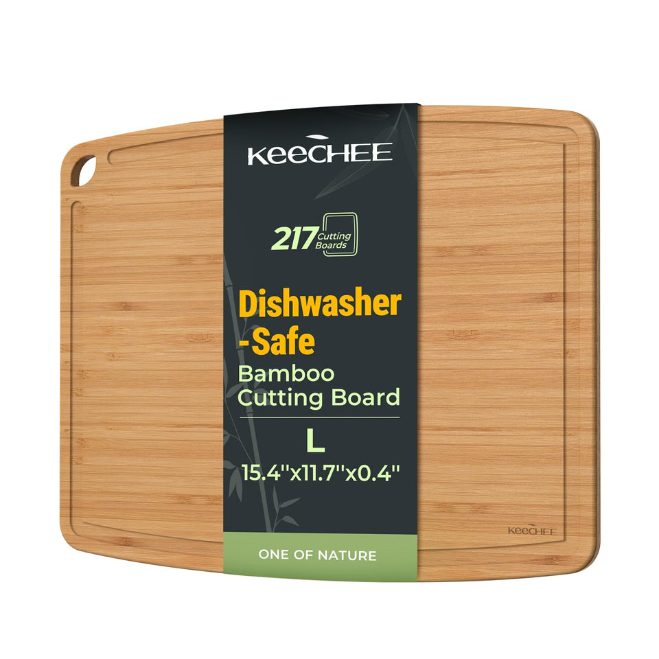 Keechee dishwasher-safe bamboo cutting board, 15.4x11.7 in, easy prep and cleanup.