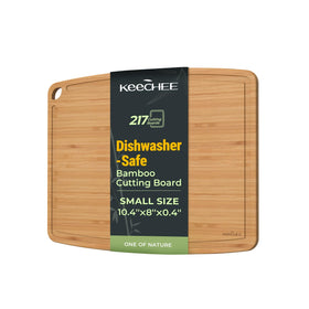 Keechee dishwasher-safe bamboo cutting board front view, compact and easy to clean.