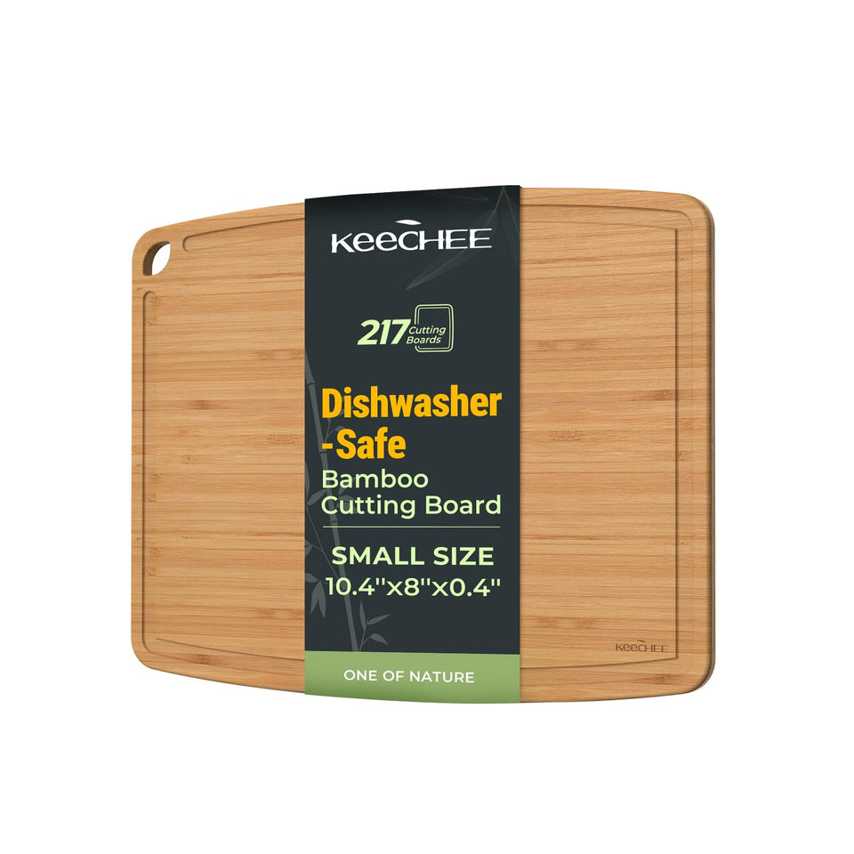 Keechee dishwasher-safe bamboo cutting board front view, compact and easy to clean.