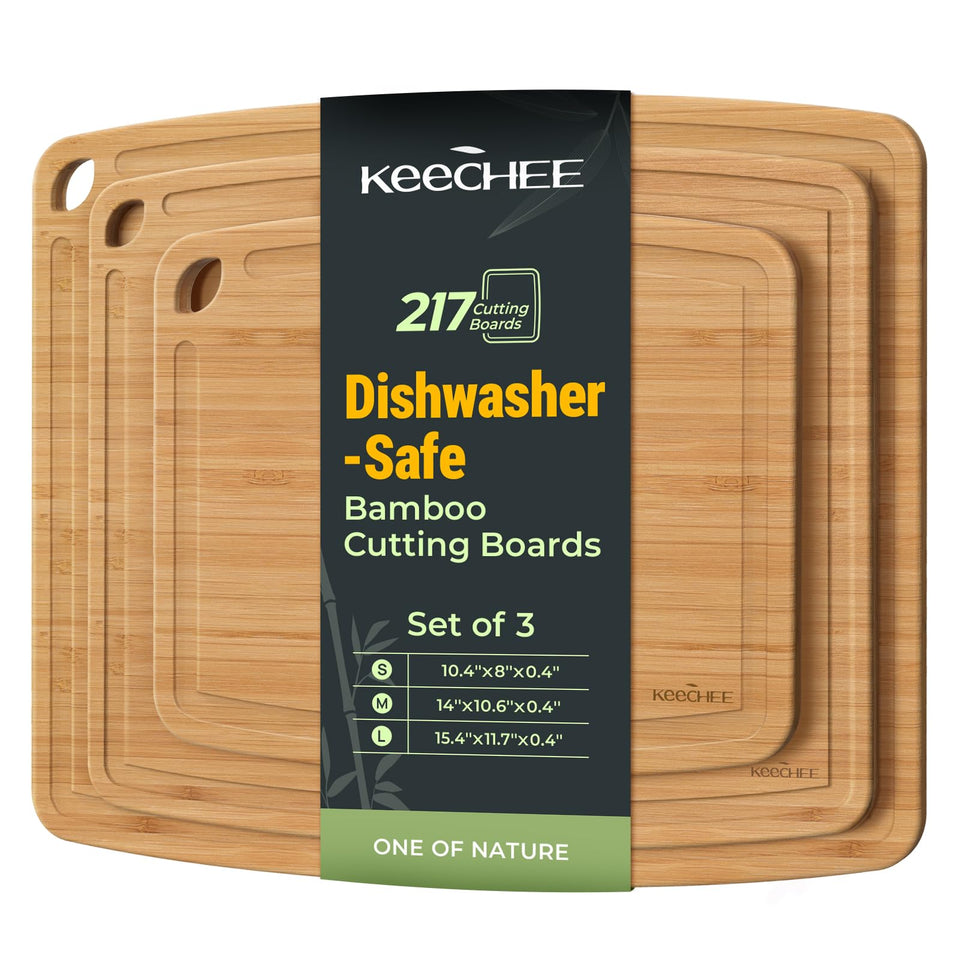 Keechee large dishwasher-safe bamboo cutting board ready for prep and cleanup