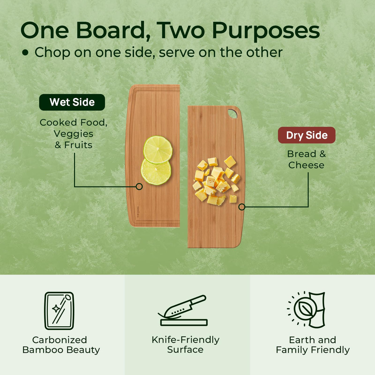 Keechee lightweight bamboo board in a kitchen scene highlighting portability.