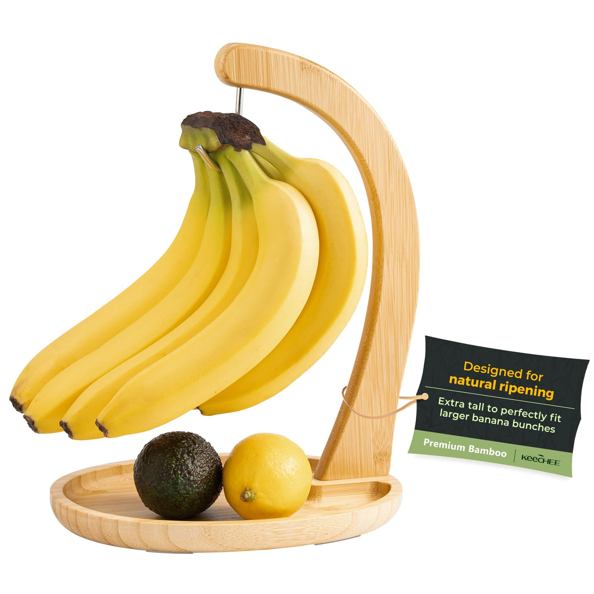 Keechee Premium Bamboo Banana Holder with Fruit Tray keeps bananas elevated and fresh on the counter