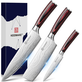 KEEMAKE 8-inch chef knife with ergonomic pakkawood handle for balanced cutting