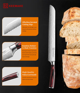 KEEMAKE bread knife with ergonomic pakkawood handle for comfortable slicing.