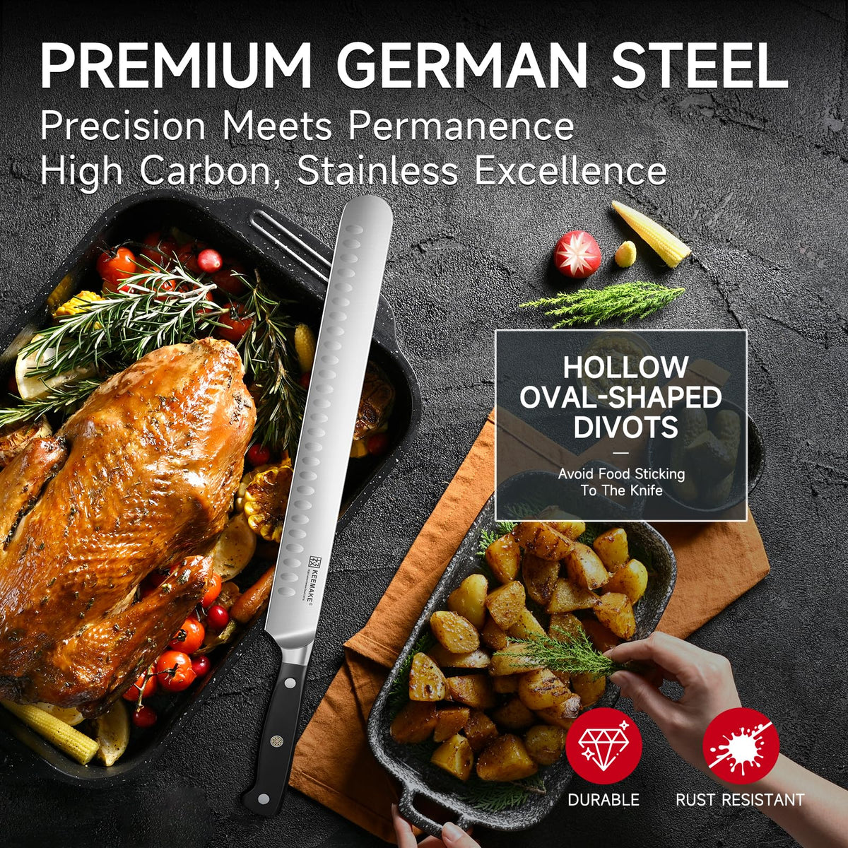 KEEMAKE brisket knife razor sharp blade enables clean, effortless slices