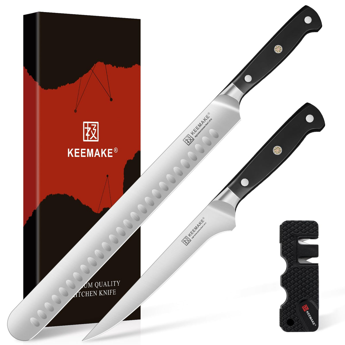 KEEMAKE brisket slicing knife, 12-inch blade for precise, uniform slices.