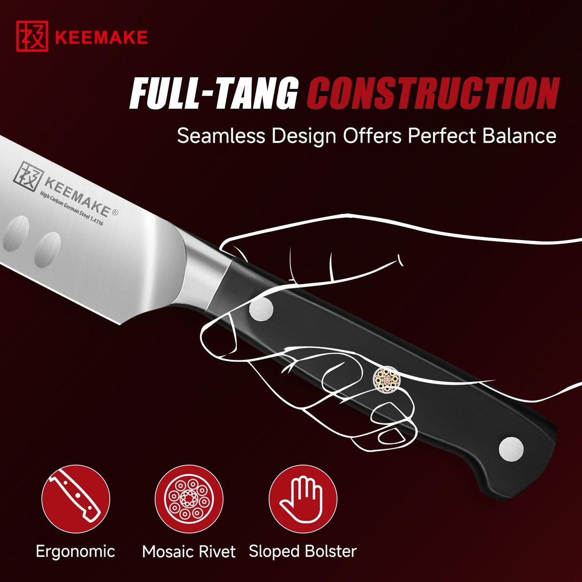 KEEMAKE built-in sharpening stone keeps blades sharp.