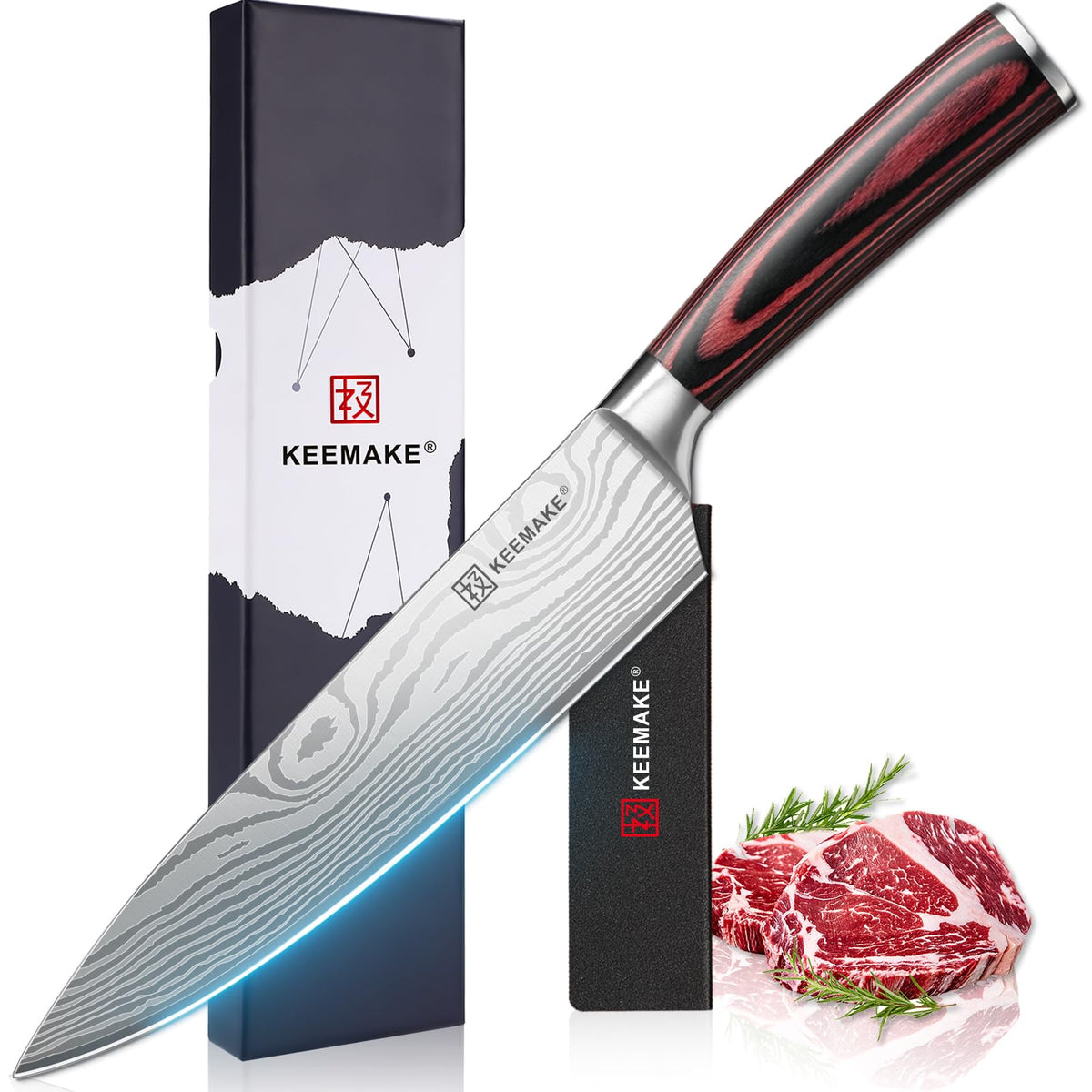 KEEMAKE chef knife blade close-up showing sharp edge for precise slicing.