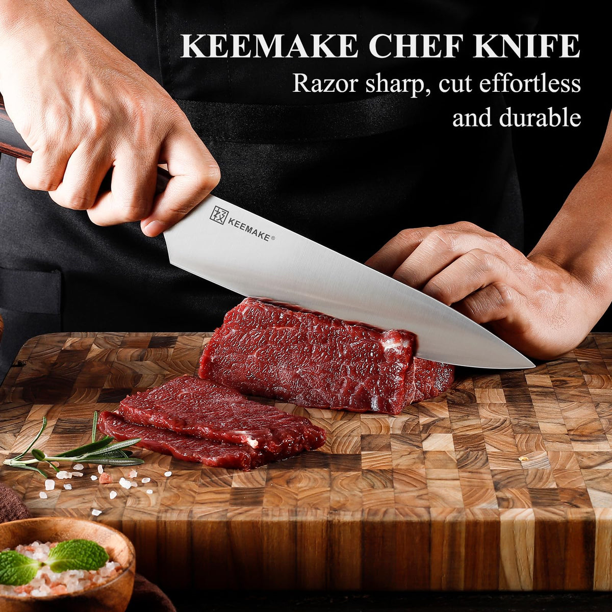 KEEMAKE Chef Knife close-up edge highlights razor sharp precision.