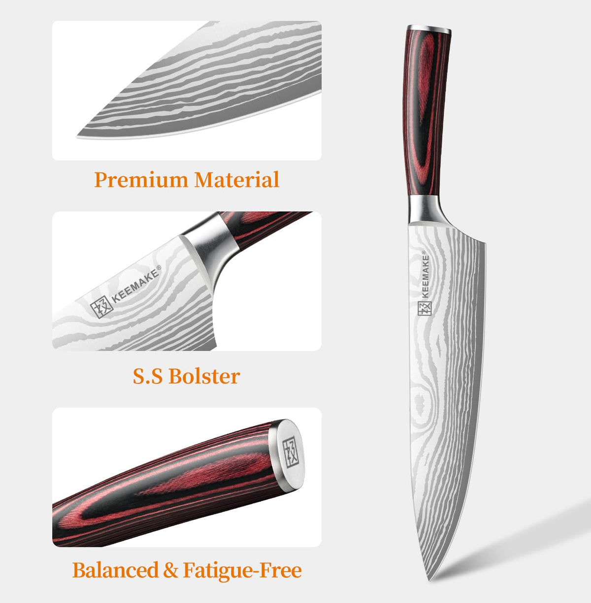 KEEMAKE chef knife edge precision enabling clean cuts through tomatoes and fish.