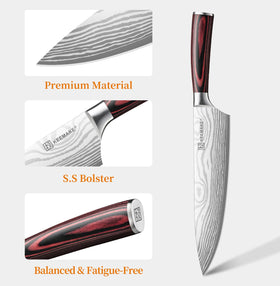 KEEMAKE chef knife edge precision enabling clean cuts through tomatoes and fish.