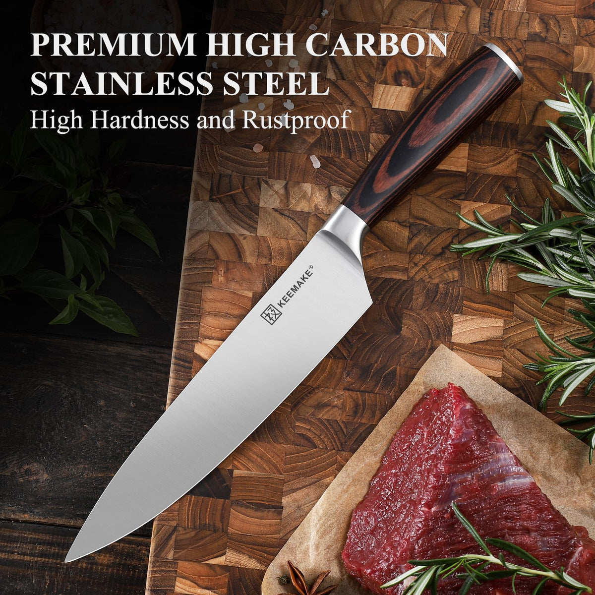KEEMAKE Chef Knife guiding grip reduces fatigue during chopping.