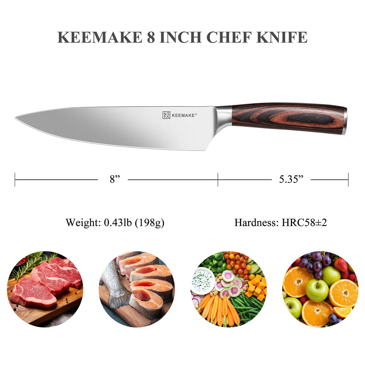 KEEMAKE Chef Knife pakkawood handle provides ergonomic comfort during long prep sessions.