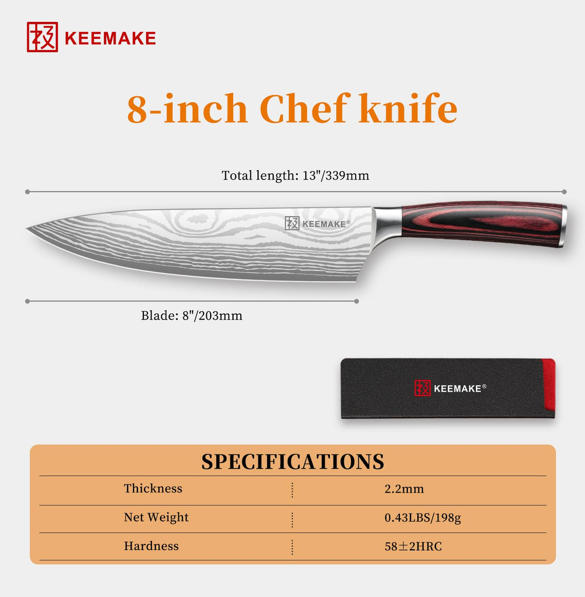 KEEMAKE chef knife versatile for chopping, slicing, dicing, and mincing.