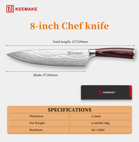 KEEMAKE chef knife versatile for chopping, slicing, dicing, and mincing.