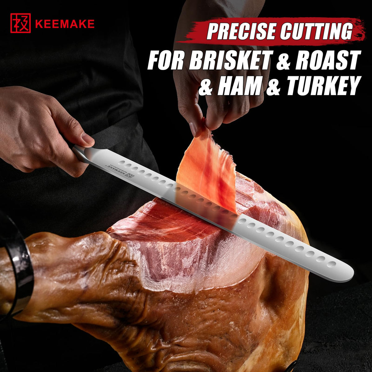 KEEMAKE slicing knife with granton edge for smooth cuts.